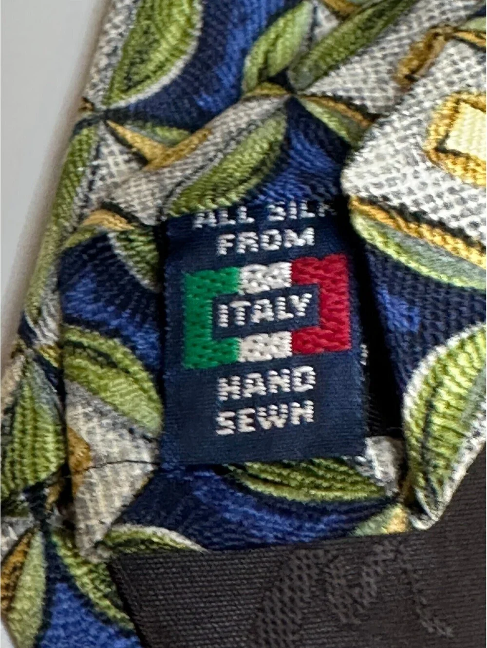 Mulberry blue green yellow cream geometric 100% Italian silk tie made in USA